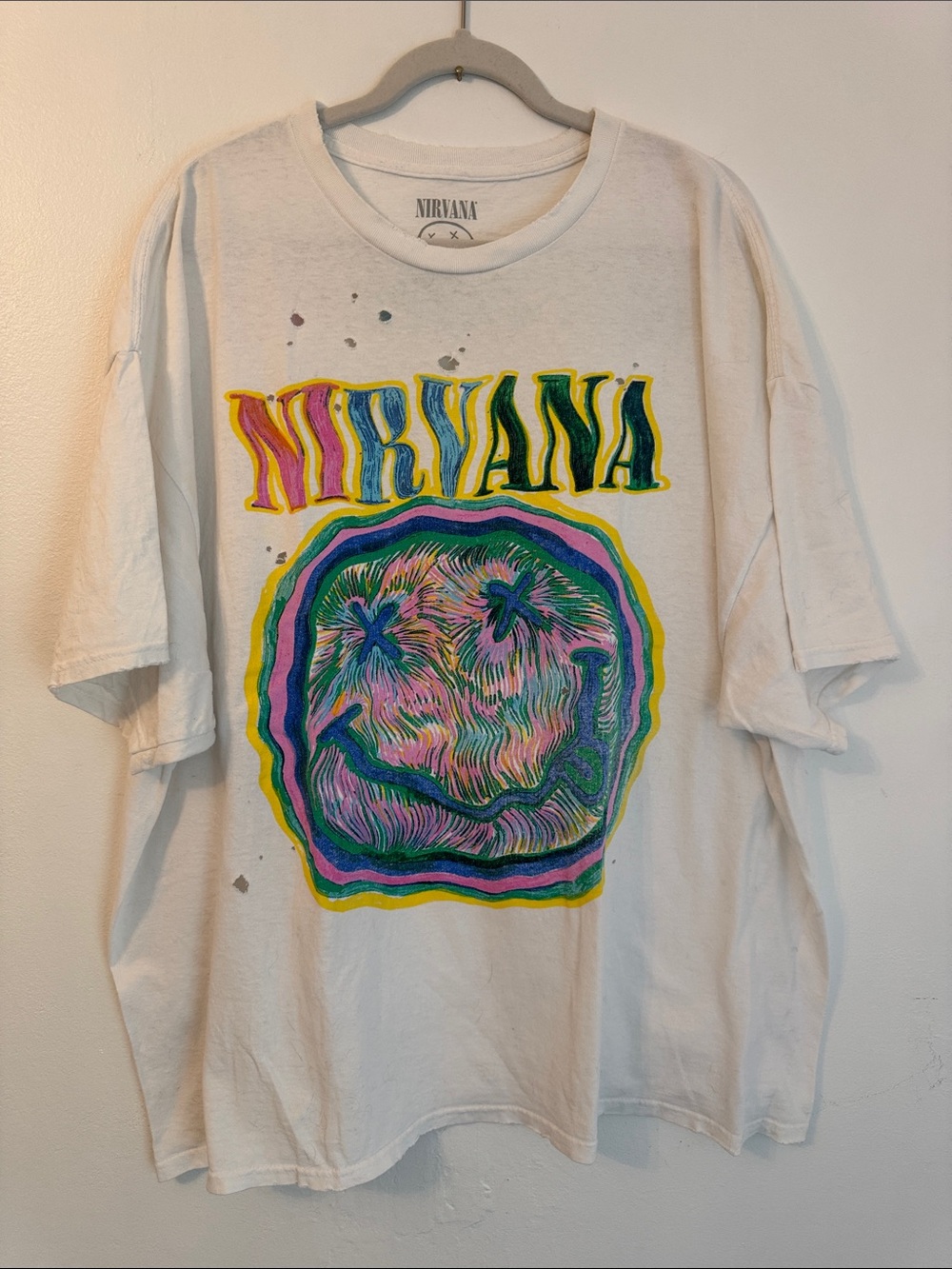 NIRVANA White Short Sleeve Tee with Multicolor Psychedelic Smiley
